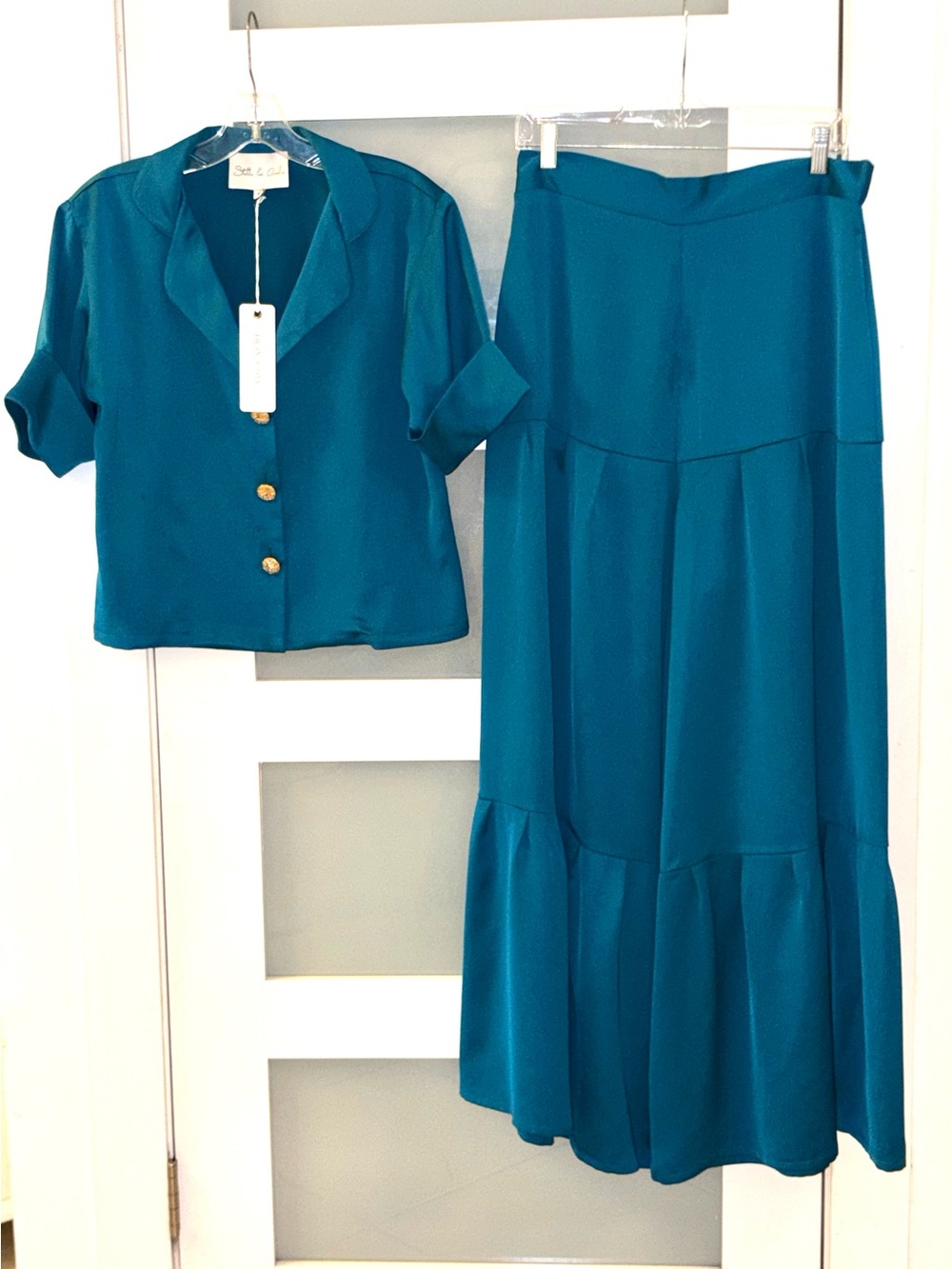 Teal Button-Front Pants and blouse- Coordinating Set